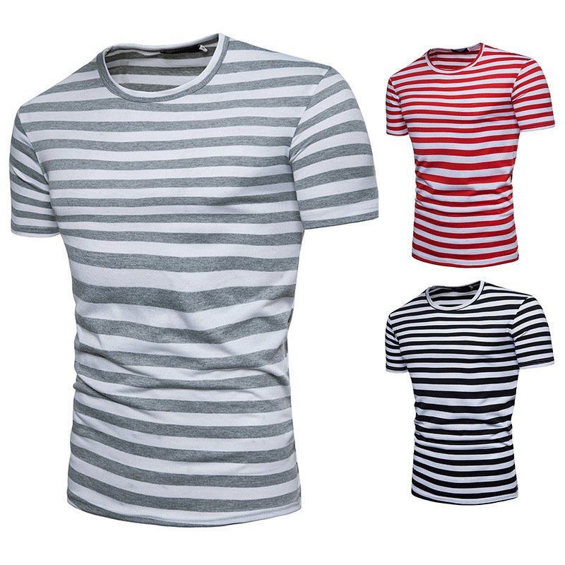 New men's plus size striped short sleeve T-shirt Q08