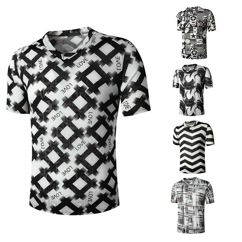 Summer men's English jacquard fashion V-neck short-sleeved T-shirt H35-41