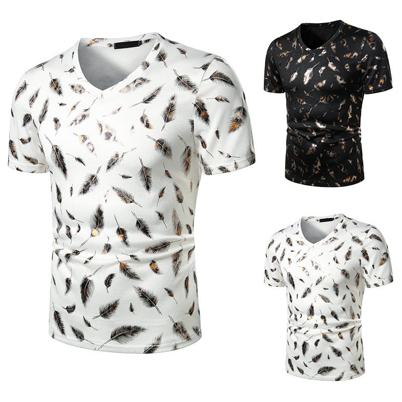 Summer men's nightclub bar fashion casual feather print short-sleeved T-shirt H20