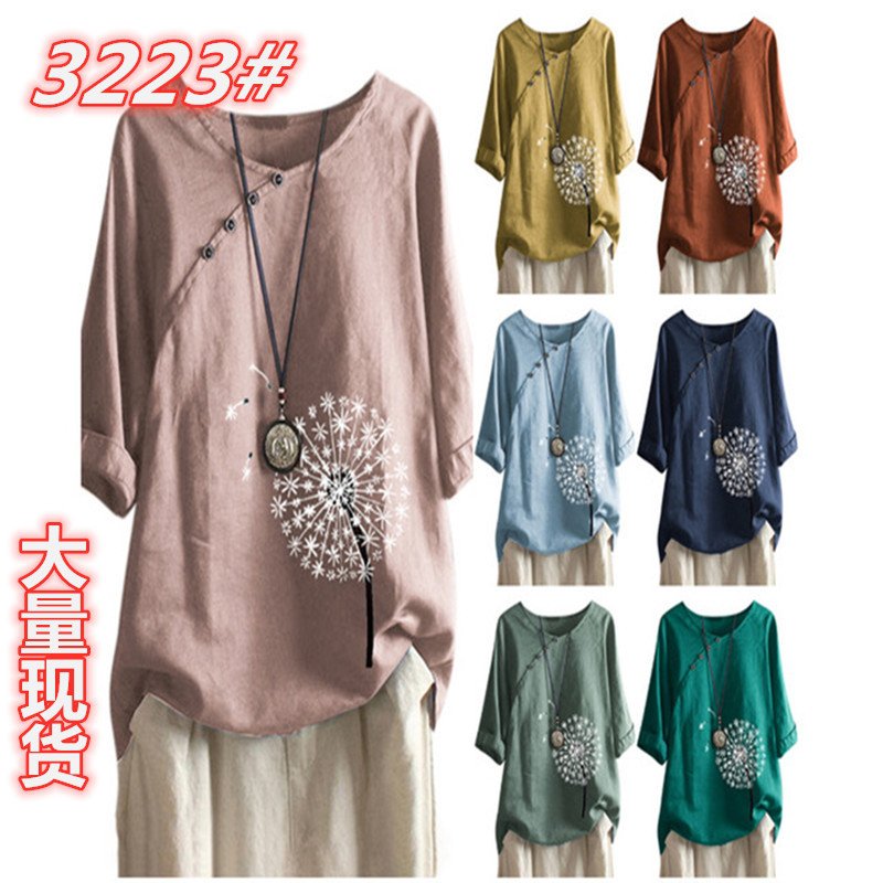 2021w autumn hot print long-sleeved round neck button cotton and linen snowflake t-shirt