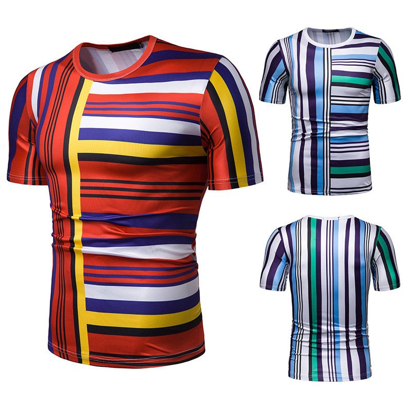 New summer men's short-sleeved T-shirt men's contrast striped slim casual t-shirt TX65