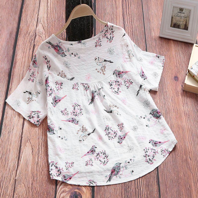 2021 hot retro cotton and linen printed short-sleeved casual loose T-shirt women